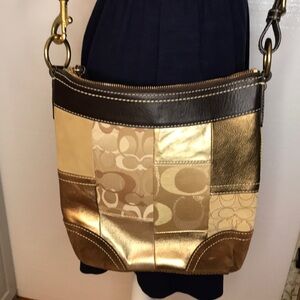 COACH leather suede Tan Gold Metallic Patchwork  Signature Crossbody Bag